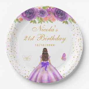 Purple Floral Brunette Hair Princess Birthday Paper Plates