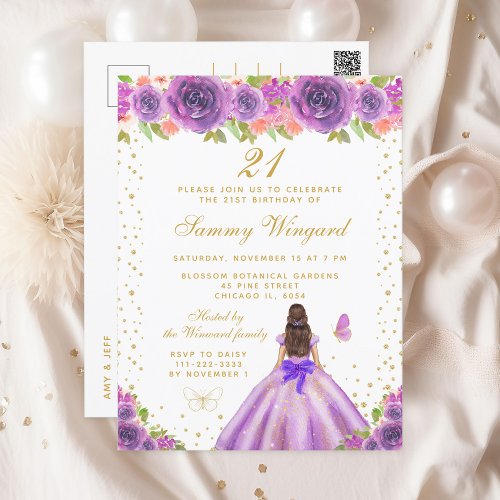 Purple Floral Brunette Hair Princess Birthday Postcard