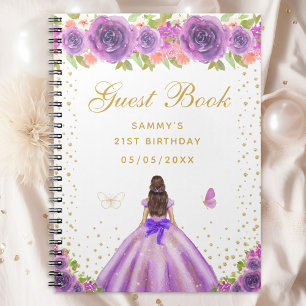Purple Floral Brunette Hair Princess Guest Book