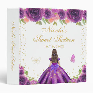 Purple Floral Brunette Hair Princess Sweet Sixteen 3 Ring Binder