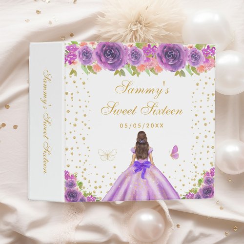 Purple Floral Brunette Hair Princess Sweet Sixteen 3 Ring Binder