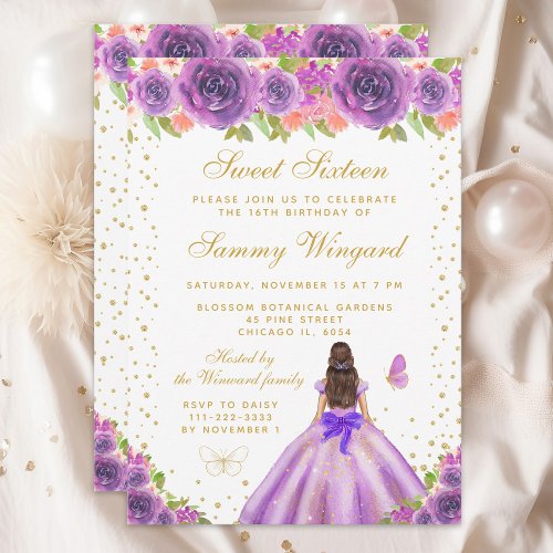 Purple Floral Brunette Hair Princess Sweet Sixteen Invitation