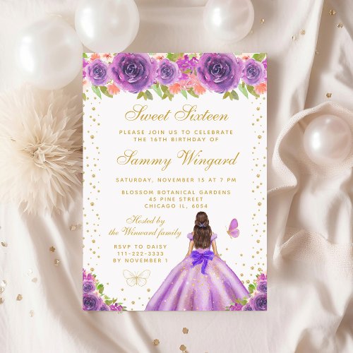Purple Floral Brunette Hair Princess Sweet Sixteen Invitation