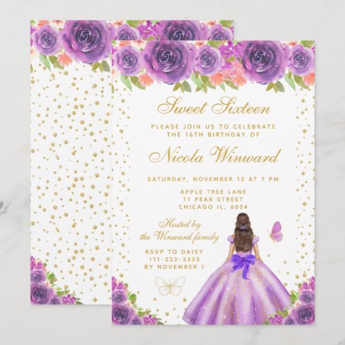 Purple Floral Brunette Hair Princess Sweet Sixteen