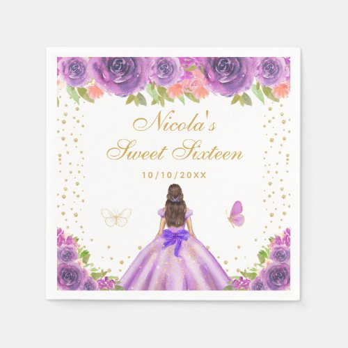 Purple Floral Brunette Hair Princess Sweet Sixteen Napkins