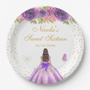 Purple Floral Brunette Hair Princess Sweet Sixteen Paper Plates