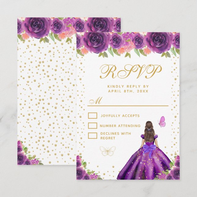 Purple Floral Brunette Hair Princess Sweet Sixteen RSVP Card (Front/Back)