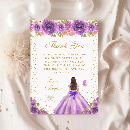 Purple Floral Brunette Hair Princess Sweet Sixteen Thank You Card