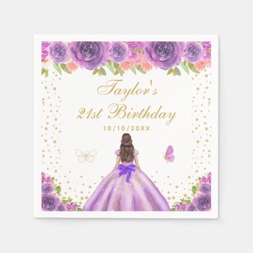 Purple Floral Brunette Princess Birthday Party Napkins