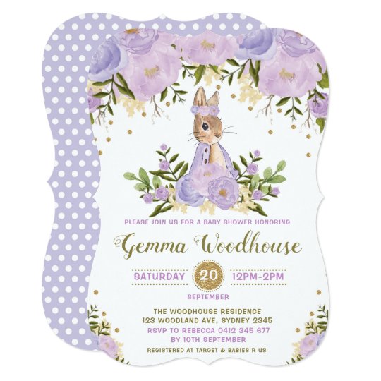 Purple Floral Bunny Rabbit Baby Shower Invitation