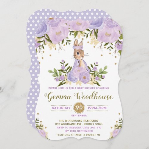 Purple Floral Bunny Rabbit Baby Shower Invitation