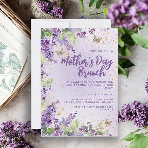 Purple Floral Butterflies Gold Mothers Day Invitation