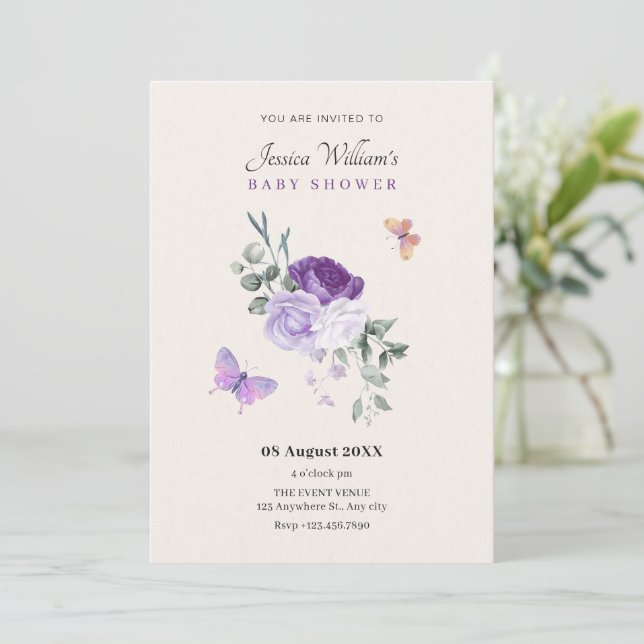Purple floral butterflies invitation (Standing Front)