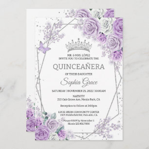Purple Floral Butterflies  Quinceañera Birthday Invitation