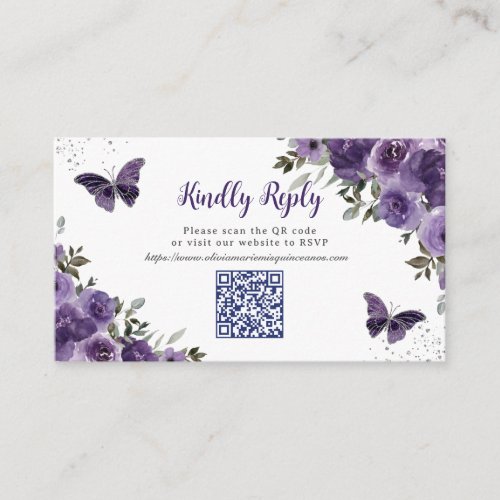 Purple Floral Butterflies Quinceaera QR Code RSVP Enclosure Card