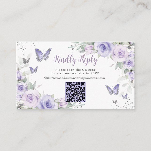 Purple Floral Butterflies Quinceañera QR Code RSVP Enclosure Card (Front)