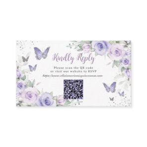 Purple Floral Butterflies Quinceañera QR Code RSVP Enclosure Card