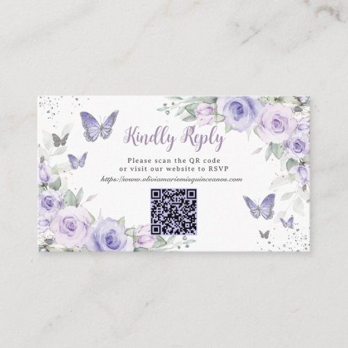 Purple Floral Butterflies Quinceaera QR Code RSVP Enclosure Card