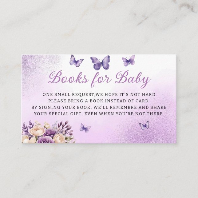 Purple Floral Butterfly Baby Shower Books for Baby Enclosure Card (Front)