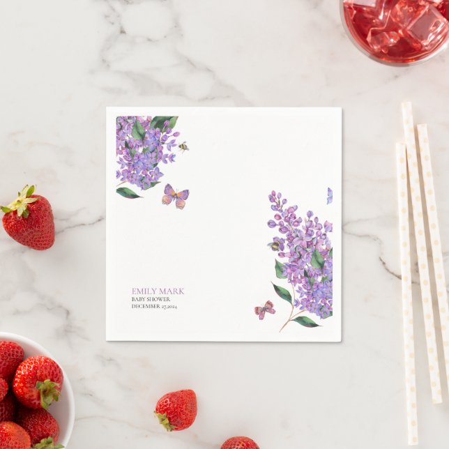 Purple floral butterfly baby shower invitation  napkins (Insitu)