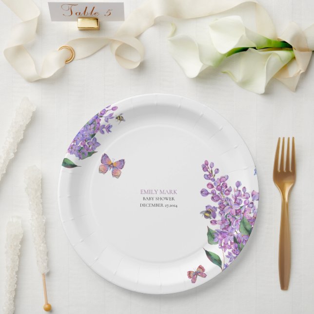 Purple floral butterfly baby shower invitation  paper plates (Wedding)