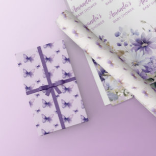 Purple Floral Butterfly Baby Shower Personalized Wrapping Paper Sheets