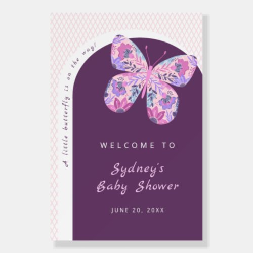 Purple Floral Butterfly Baby Shower Welcome Foam Board