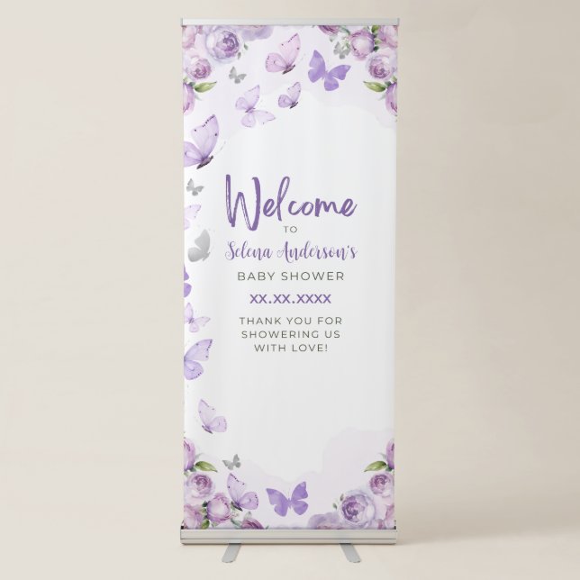 Purple Floral Butterfly Baby Shower Welcome Retractable Banner (Front)