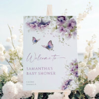Purple floral butterfly baby shower welcome sign