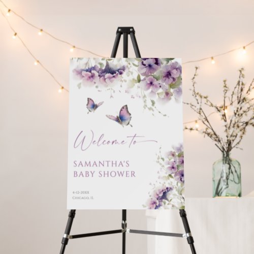 Purple floral butterfly baby shower welcome sign