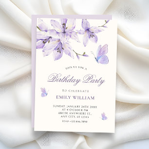 Purple floral butterfly birthday invitation