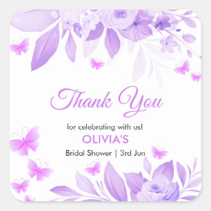 Purple Floral Butterfly Bridal Shower Thank You Square Sticker