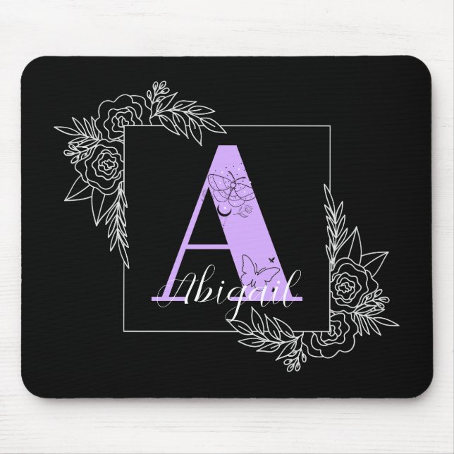 Purple Floral Butterfly Custom Monogram - Letter A Mouse Pad (Front)