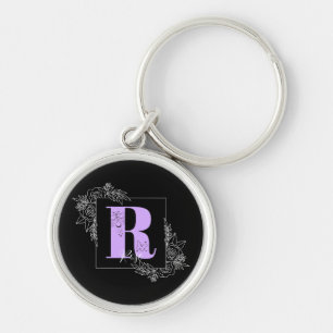 Purple Floral Butterfly Custom Monogram - Letter R Keychain
