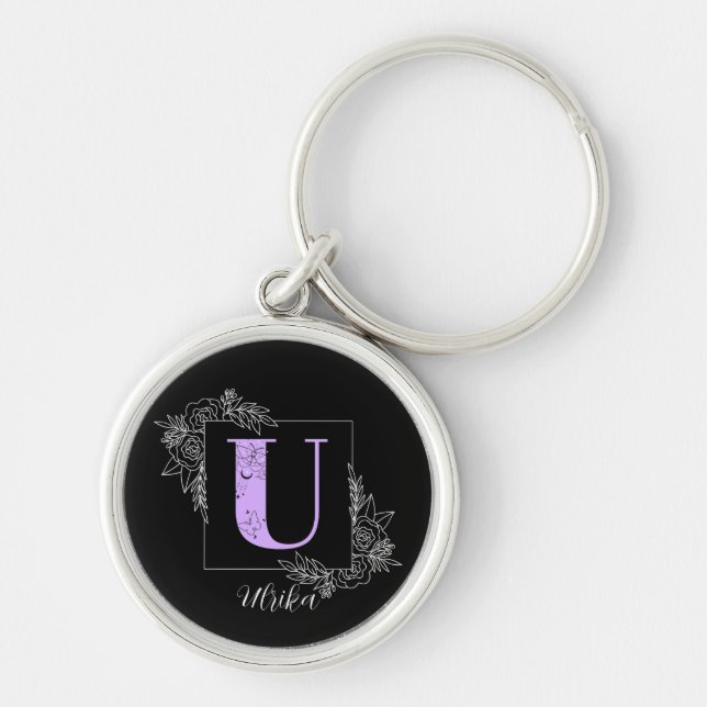 Purple Floral Butterfly Custom Monogram - Letter U Keychain (Front)