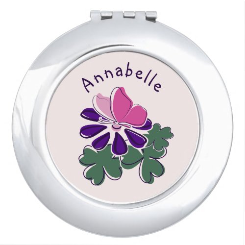 Purple Floral  Butterfly Doodle Your Name Compact Mirror