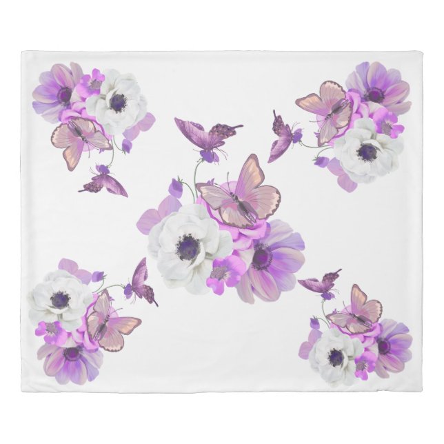 Purple Floral Butterfly Duvet Cover  (Front)