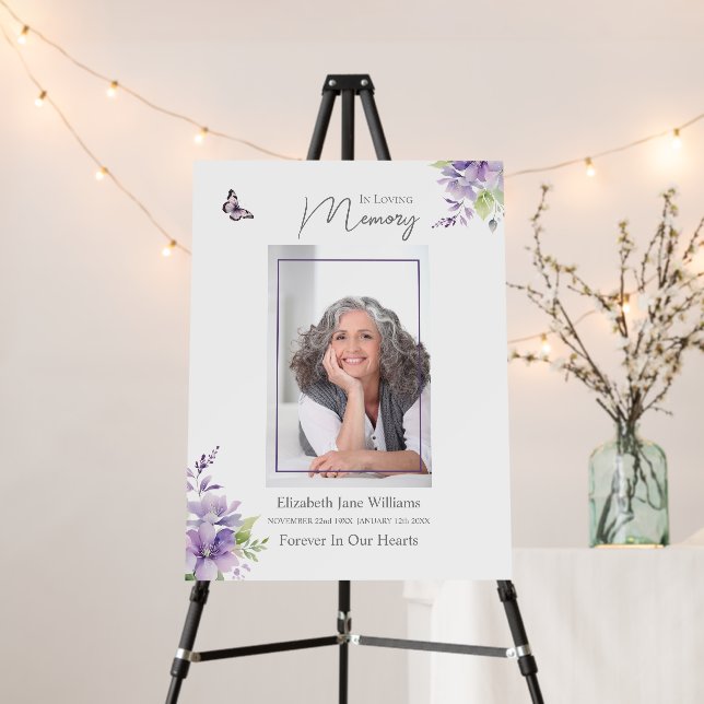 Purple Floral & Butterfly Funeral Memorial Photo  Foam Board (In Situ (Stand))