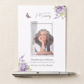 Purple Floral Butterfly Funeral Memorial Prayer Note Card