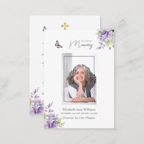 Purple Floral Butterfly Funeral Memorial Prayer   Note Card