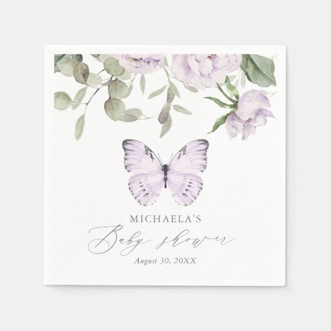 Purple Floral Butterfly Girl Baby Shower Napkins (Front)