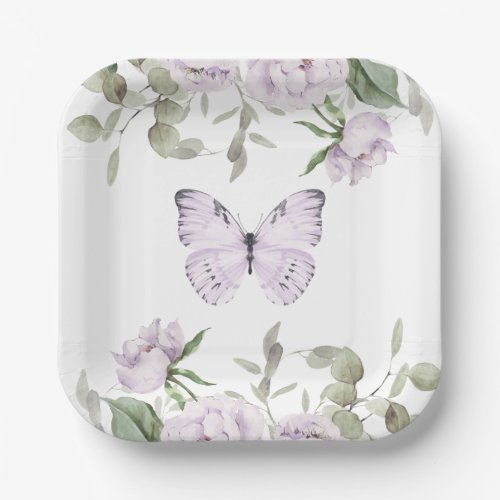 Purple Floral Butterfly Girl Baby Shower Paper Plates