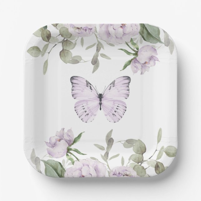 Purple Floral Butterfly Girl Baby Shower Paper Plates (Front)