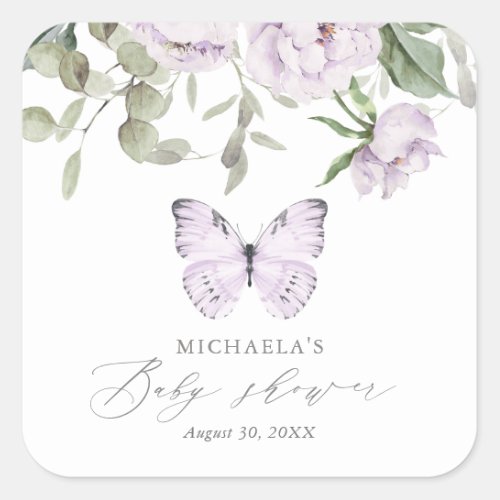 Purple Floral Butterfly Girl Baby Shower Square Sticker
