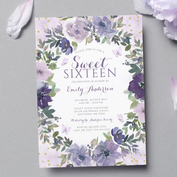 Purple Floral Butterfly Gold Sweet 16 Invitation by printcreekstudio at Zazzle
