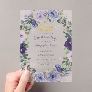 Purple Floral Butterfly Gold Tiara Quinceanera Acrylic Invitations