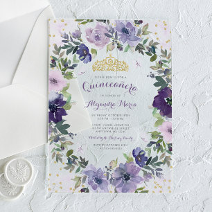 Purple Floral Butterfly Gold Tiara Quinceanera Acrylic Invitations