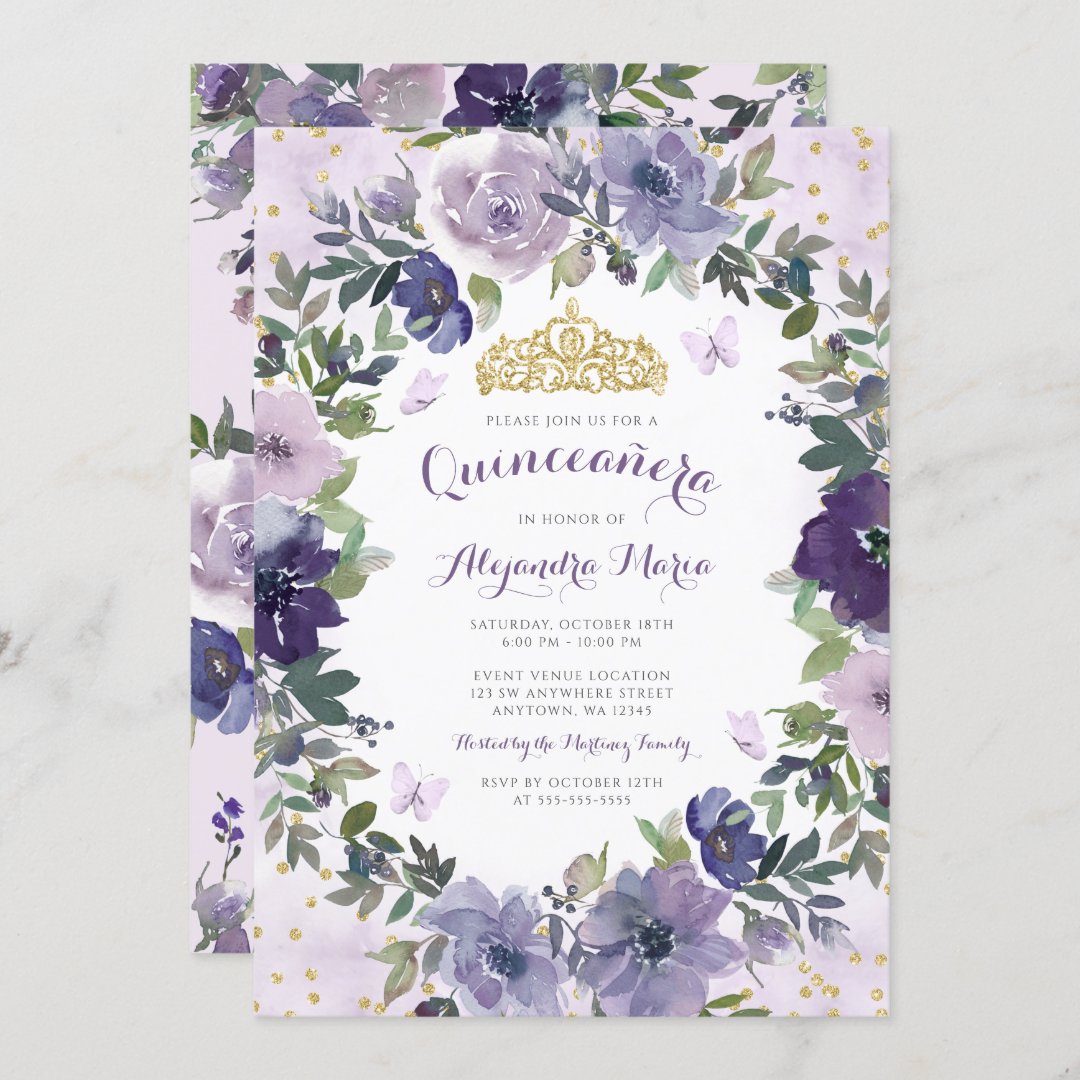 Purple Floral Butterfly Gold Tiara Quinceanera Invitation | Zazzle