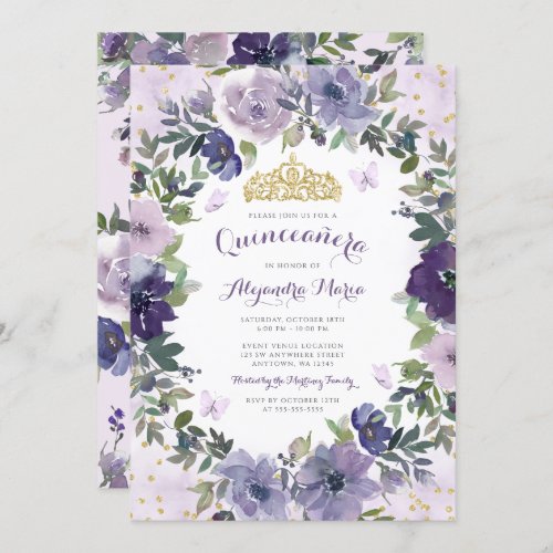 Purple Floral Butterfly Gold Tiara Quinceanera Invitation