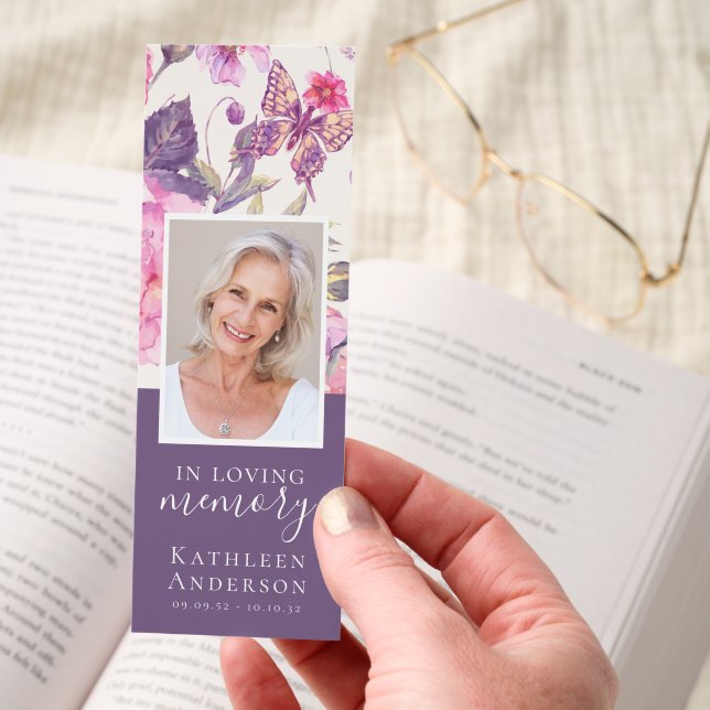 Purple Floral Butterfly In Loving Memory Funeral Bookmarks (Hand)